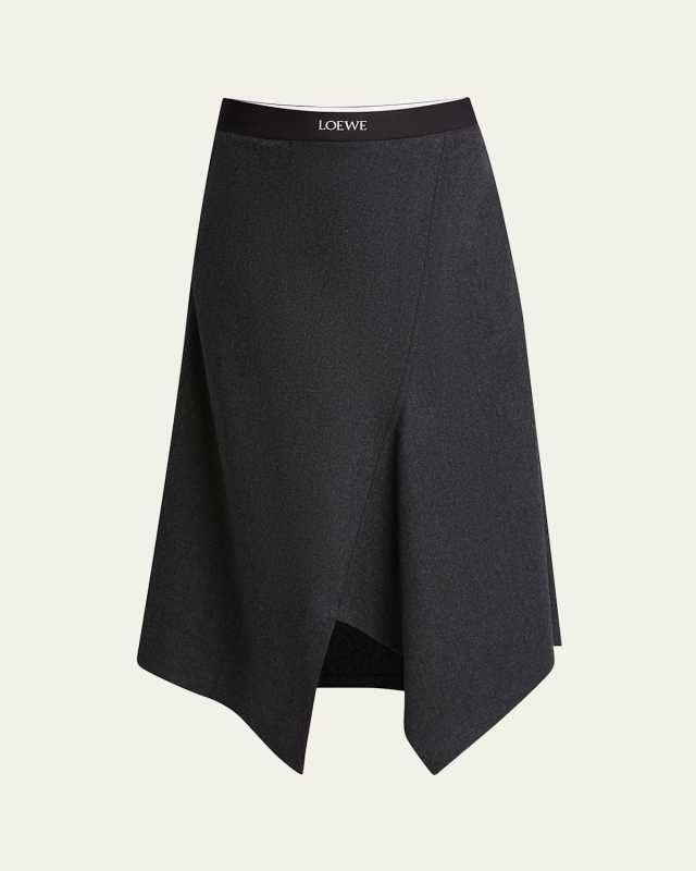 Logo Band Asymmetric Wool Cashmere Midi Skirt